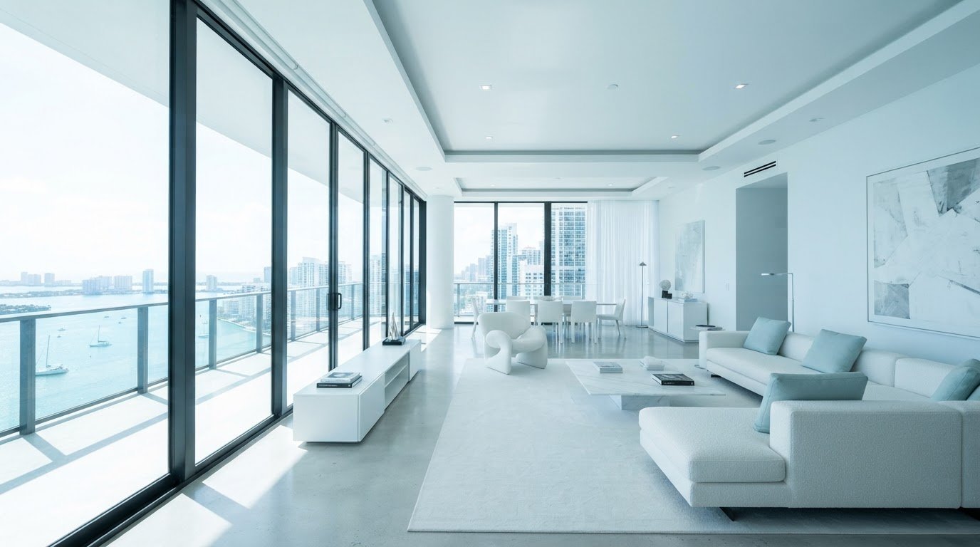 Cool, calm minimalist Miami penthouse interior with bright sun outside and glacially cool air conditioning inside